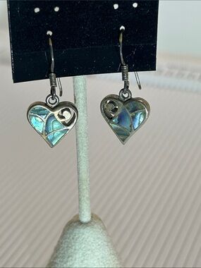 Sterling Silver Heart Abalone Inlay Drop Earrings - Iridescent Blue-Green
